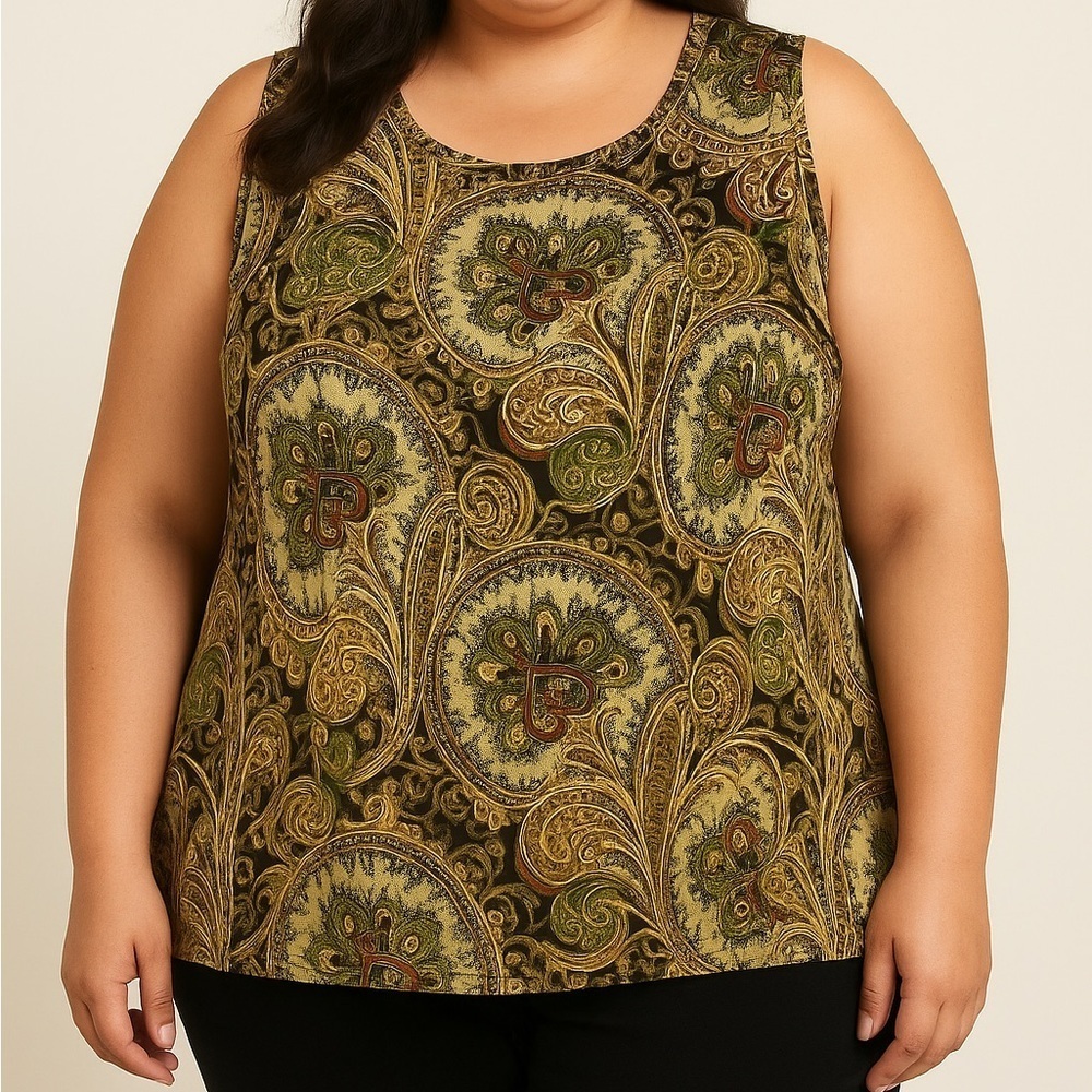 The Travel Collection Plus Size Paisley Print Slinky Knit Boho Artsy Tank Top